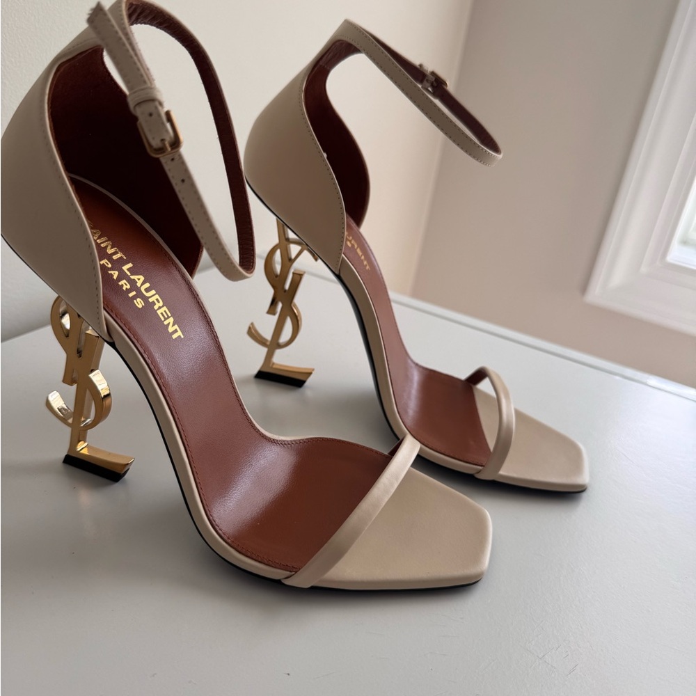 Saint Laurent Nude and Gold Ankle Strap Heels